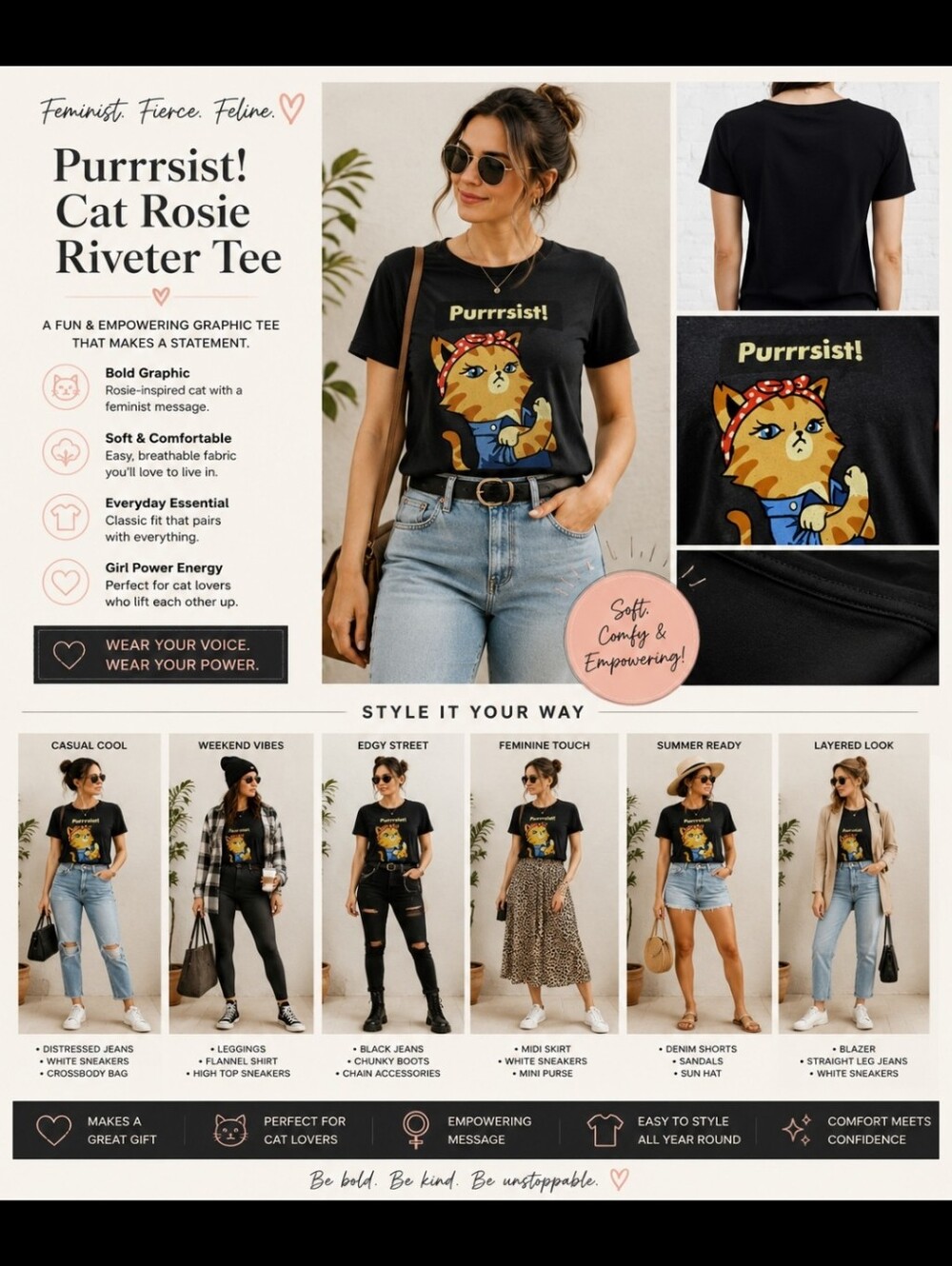 Women’s Purrrsist Cat Rosie Riveter Graphic Tee – Feminist Girl Power Shirt~L